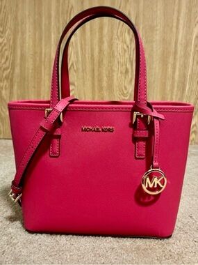 Michael Kors Hot Pink Saffiano Leather Tote with Gold MK Charm